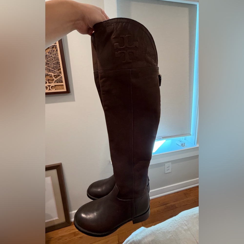 NWOT Tory Burch Dark Brown Leather Over-the-Knee Riding Boots with embossed logo